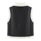Women's Sleeveless Lambskin Look Vest with Notched Collar and Patch Pockets Fashion Glam
