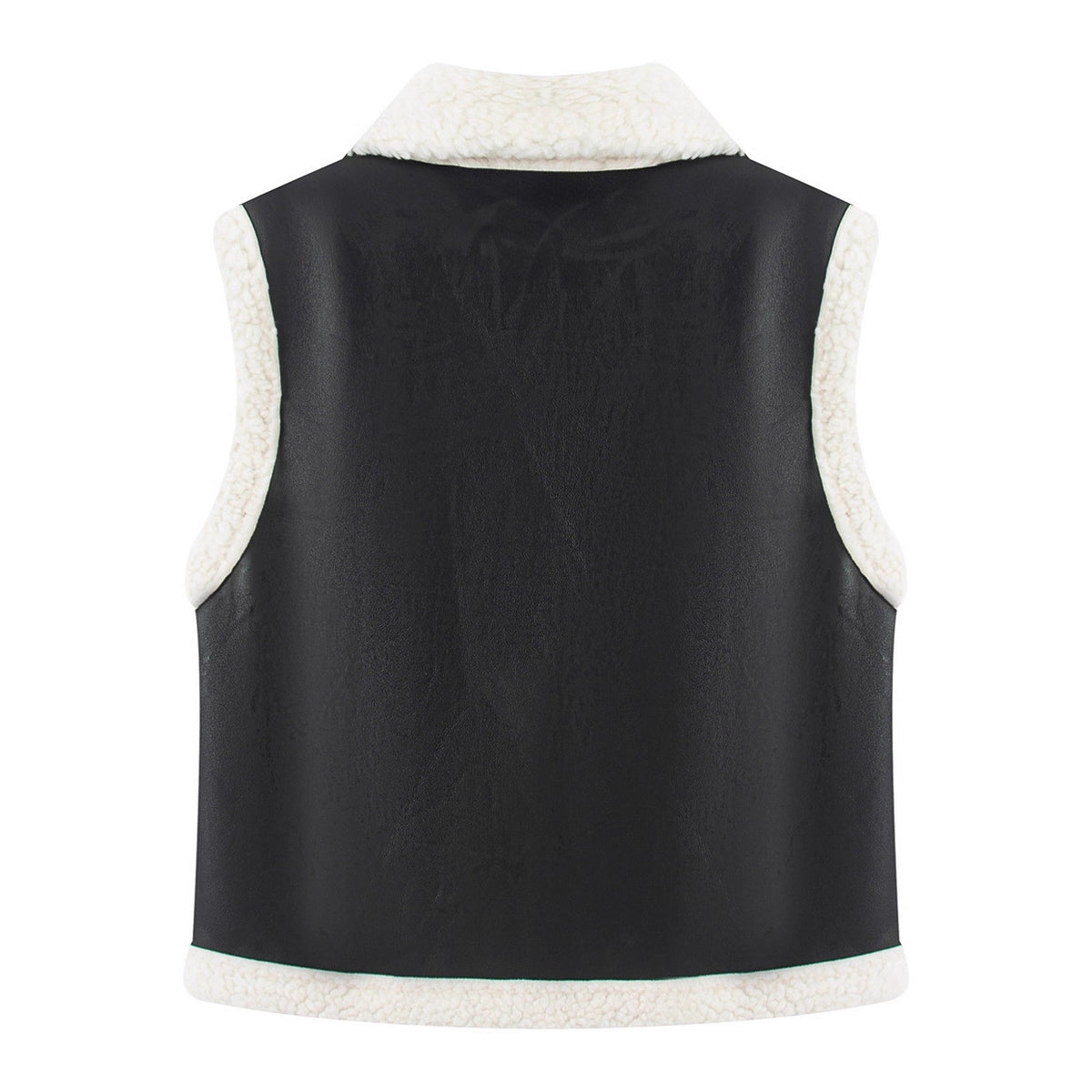 Women's Sleeveless Lambskin Look Vest with Notched Collar and Patch Pockets Fashion Glam