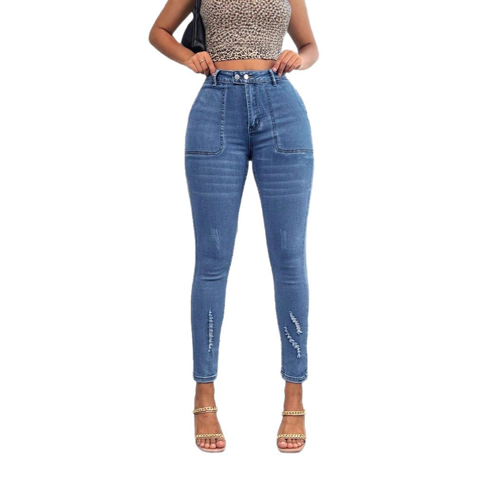 Women's waist-hugging super stretch skinny jeans with patch front piped pockets Fashion Glam
