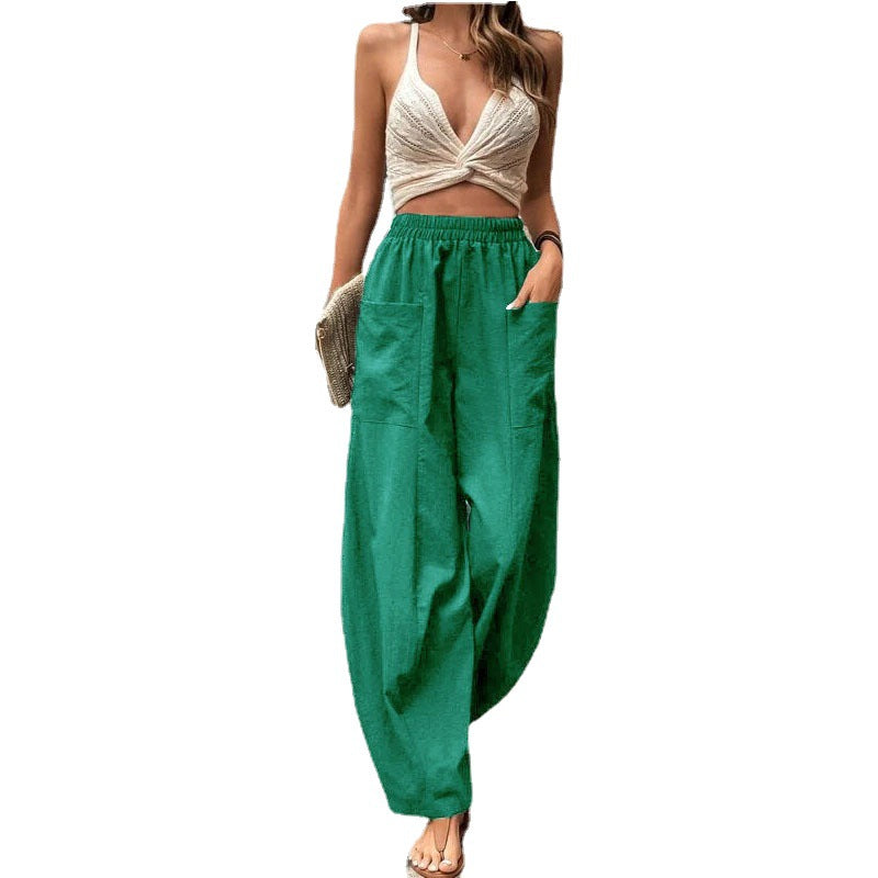 Women's Lightweight Linen Pants with Wide Leg, High Elastic Waistband, and Patch Pockets Fashion Glam