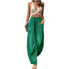 Women's Lightweight Linen Pants with Wide Leg, High Elastic Waistband, and Patch Pockets Fashion Glam