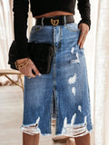 Women's High-Waisted Destroyed Denim Midi Skirt with Center Front Slit and Frayed Hem Fashion Glam