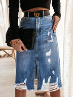 Women's High-Waisted Destroyed Denim Midi Skirt with Center Front Slit and Frayed Hem Fashion Glam
