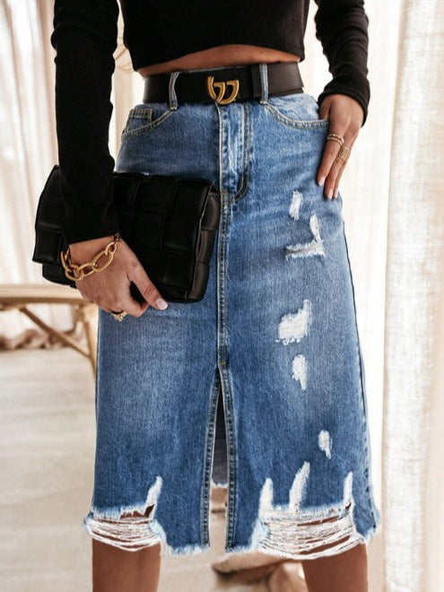 Women's High-Waisted Destroyed Denim Midi Skirt with Center Front Slit and Frayed Hem Fashion Glam