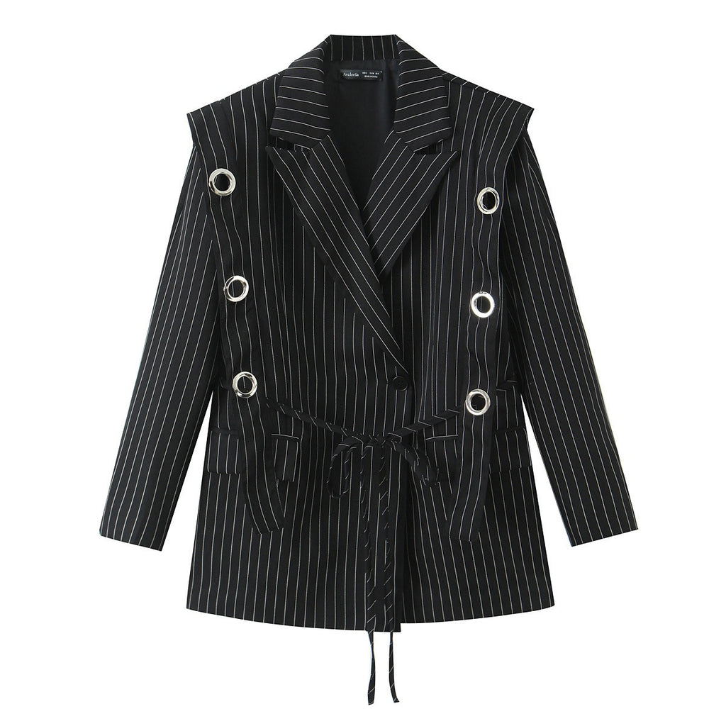 Women pinstripe blazer with eyelet application and drawstring Fashion Glam