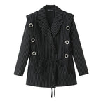 Women pinstripe blazer with eyelet application and drawstring Fashion Glam
