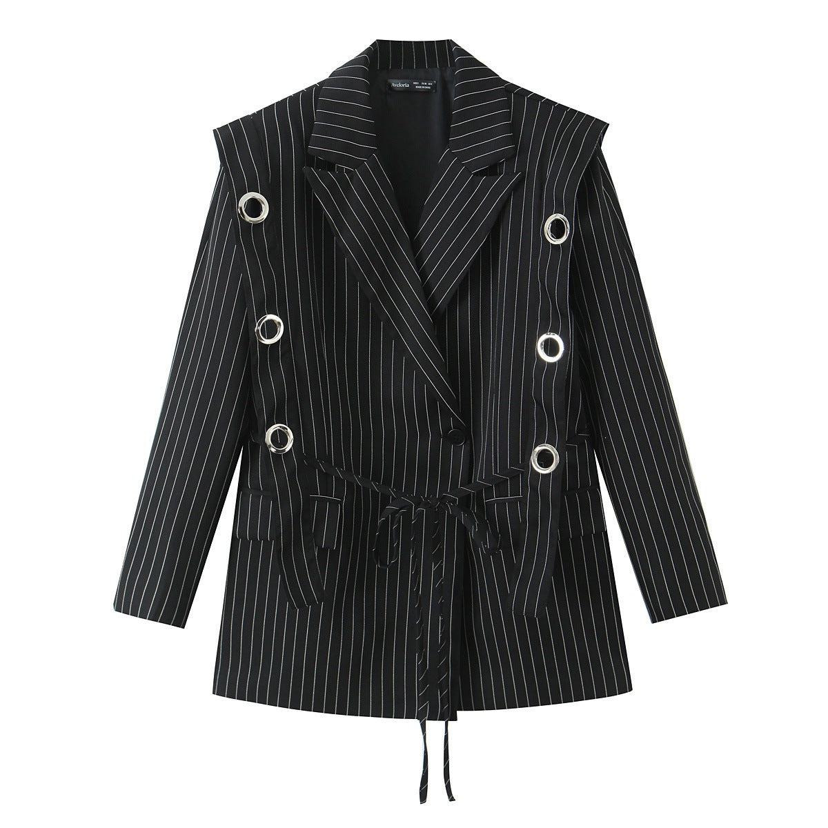 Women pinstripe blazer with eyelet application and drawstring Fashion Glam