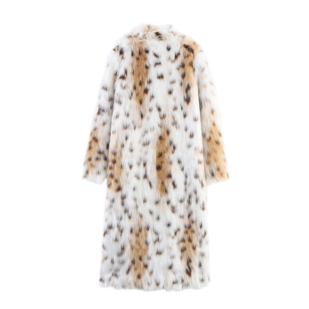 Women's Long Oversized Faux Fur Coat with Spotted Wildcat Print and Stand Collar Fashion Glam