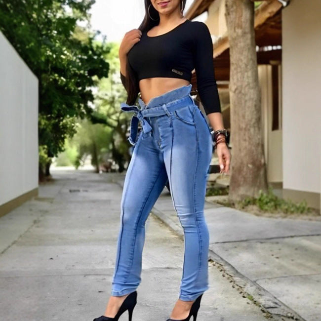 Women High-Waisted Paperbag Skinny Jeans with Ties and Vertical Seam Guidance Fashion Glam