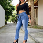 Women High-Waisted Paperbag Skinny Jeans with Ties and Vertical Seam Guidance Fashion Glam