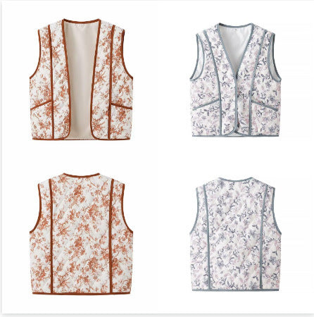 Women's Padded Quilted Vest with Floral Print and Side Pockets Fashion Glam