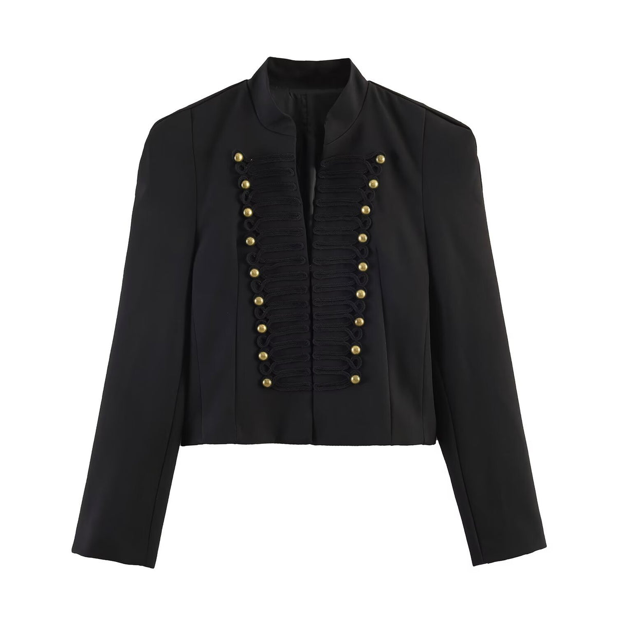 Women military-inspired cropped jacket with stand collar and decorative button detail Fashion Glam