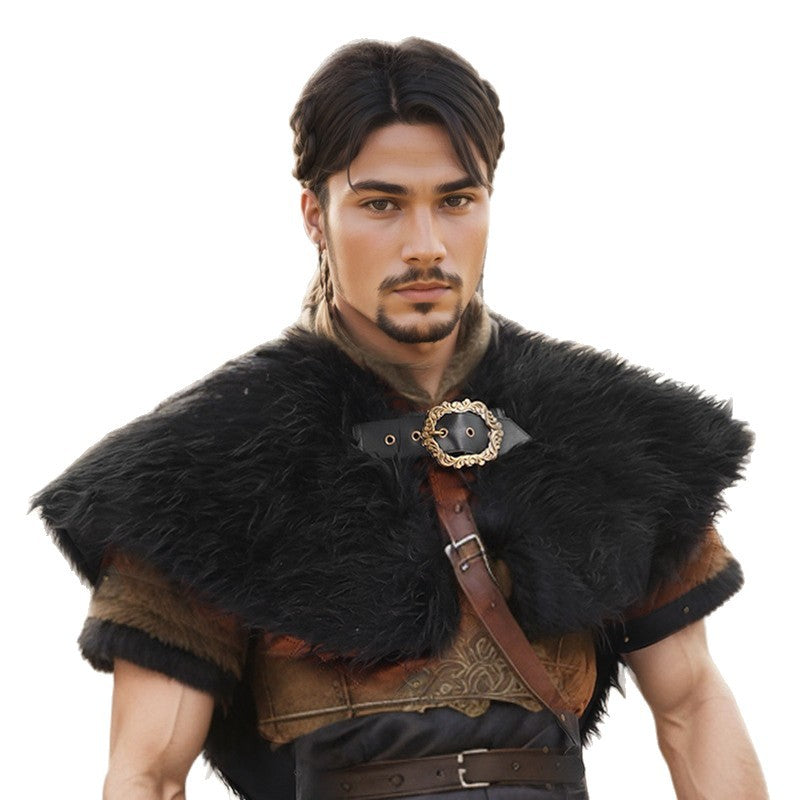 Men's Short Faux Fur Shoulder Cape in Medieval Style with Decorative Closure Fashion Glam