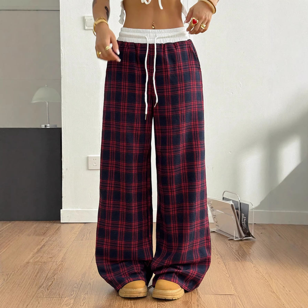 Women Checked Relaxed Pants with Wide Leg, Ribbed Waistband and Pockets Fashion Glam