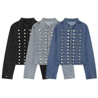 Ladies short cut denim jacket in military style with stand-up collar and decorative button rows Fashion Glam