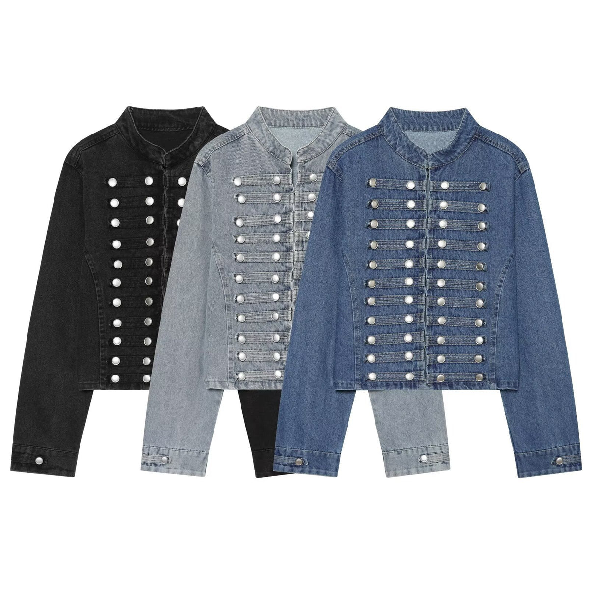 Ladies short cut denim jacket in military style with stand-up collar and decorative button rows Fashion Glam