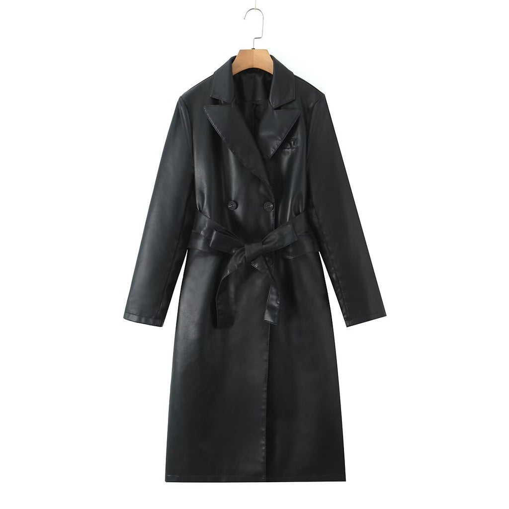 Women's longer tailored coat in leather look with tie belt and lapel collar Fashion Glam