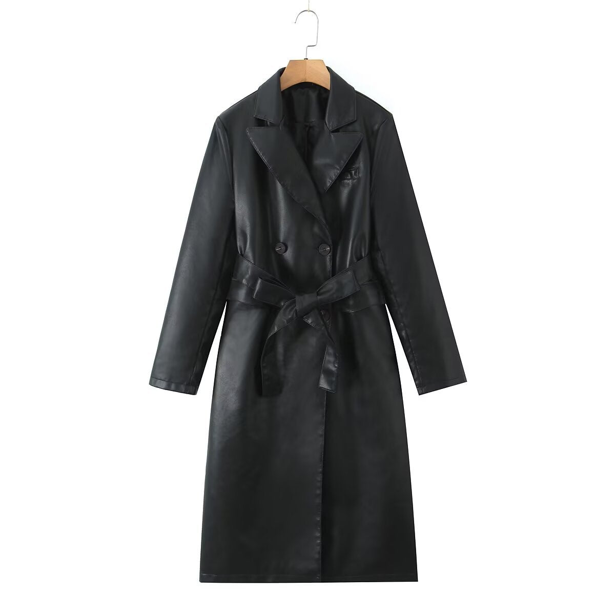 Women's longer tailored coat in leather look with tie belt and lapel collar Fashion Glam
