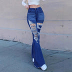 Ladies High-Waist Flared Jeans with large distressed rips and sculpting comfort waistband Fashion Glam