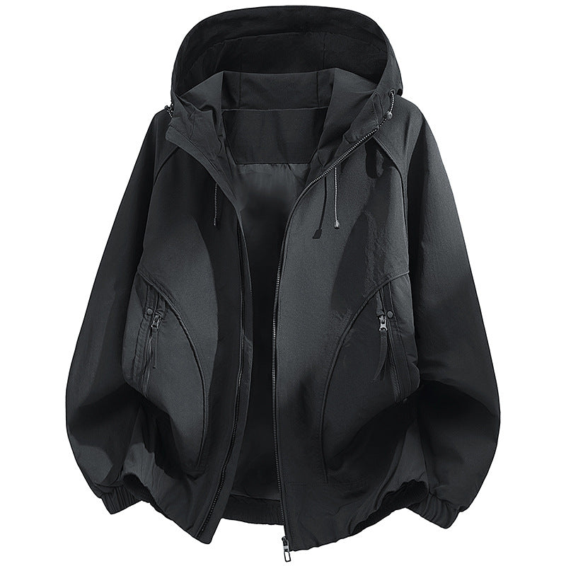 Men's Hooded Utility Softshell Jacket with Oversize Cut, Zipper Pockets and Elastic Hem Fashion Glam