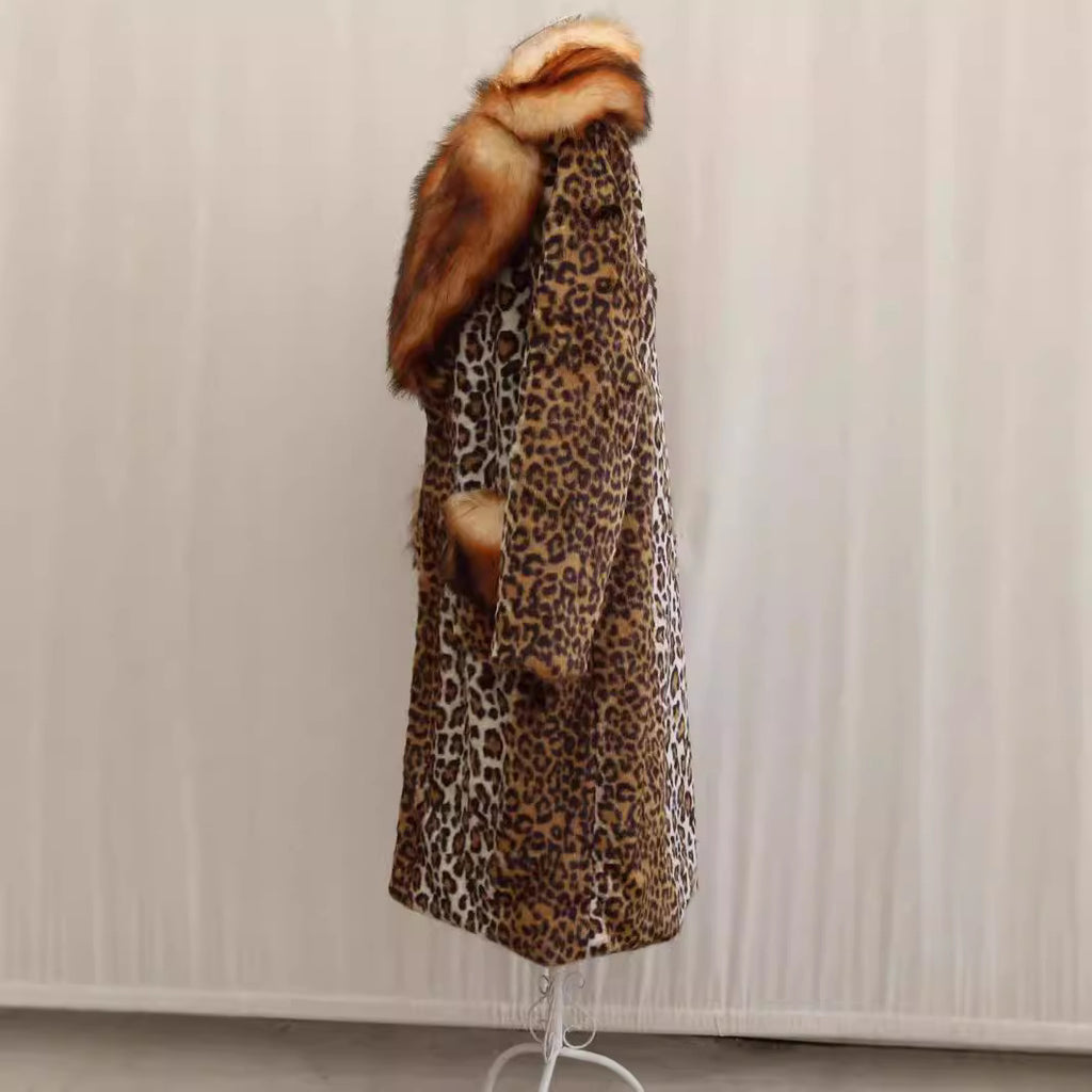 Women’s Longer Faux Fur Coat in Leopard Print with Large Fur Collar and Pocket Trim Fashion Glam