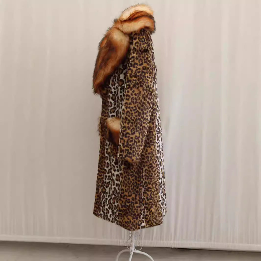 Women’s Longer Faux Fur Coat in Leopard Print with Large Fur Collar and Pocket Trim Fashion Glam