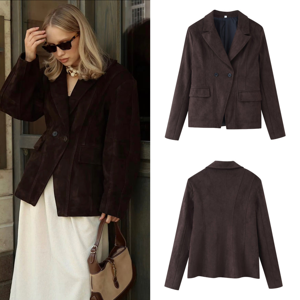 Women Tailored Velvet Imitation Blazer with Double Breasted and Patch Pockets Fashion Glam