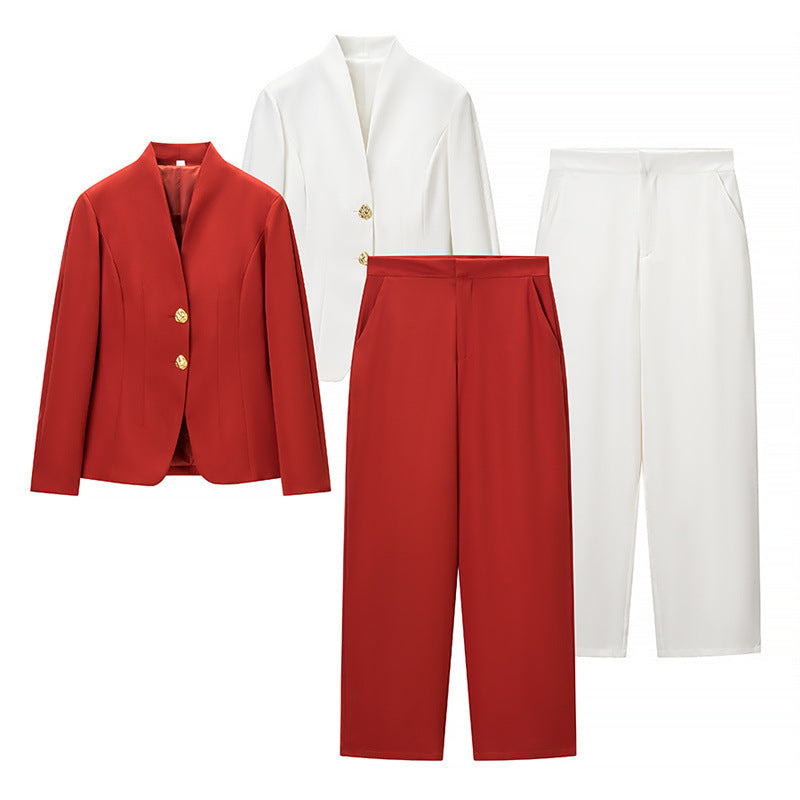 Women's Two-Piece Tailored Suit Set with Stand Collar, Shaping Jacket and Wide Palazzo Pants Fashion Glam