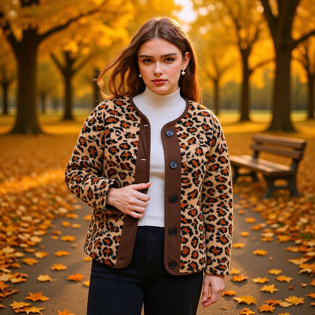 Ladies short jacket with leopard print and teddy fleece button placket Fashion Glam
