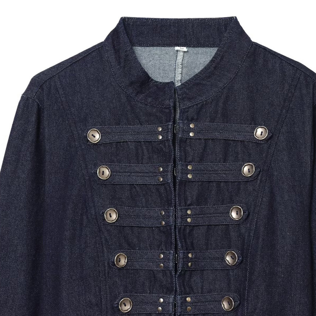 Women Cropped Denim Military Jacket with Stand-Up Collar and Decorative Button Placket Fashion Glam