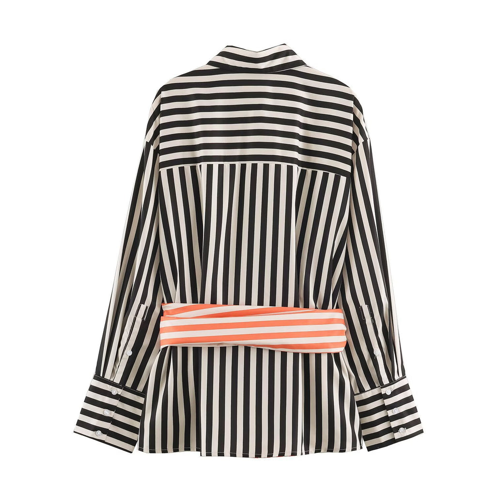 Women Long-Sleeved Shirt Blouse with Contrasting Waist Sash and Wide Cuffs Fashion Glam