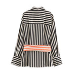 Women Long-Sleeved Shirt Blouse with Contrasting Waist Sash and Wide Cuffs Fashion Glam