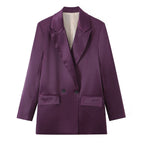 Women's Double-Breasted Satin Blazer with Notched Lapels and Flap Pockets Fashion Glam