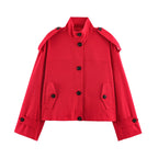 Women's Short Cargo Jacket with Stand Collar, Shoulder Flaps and Button Placket Fashion Glam