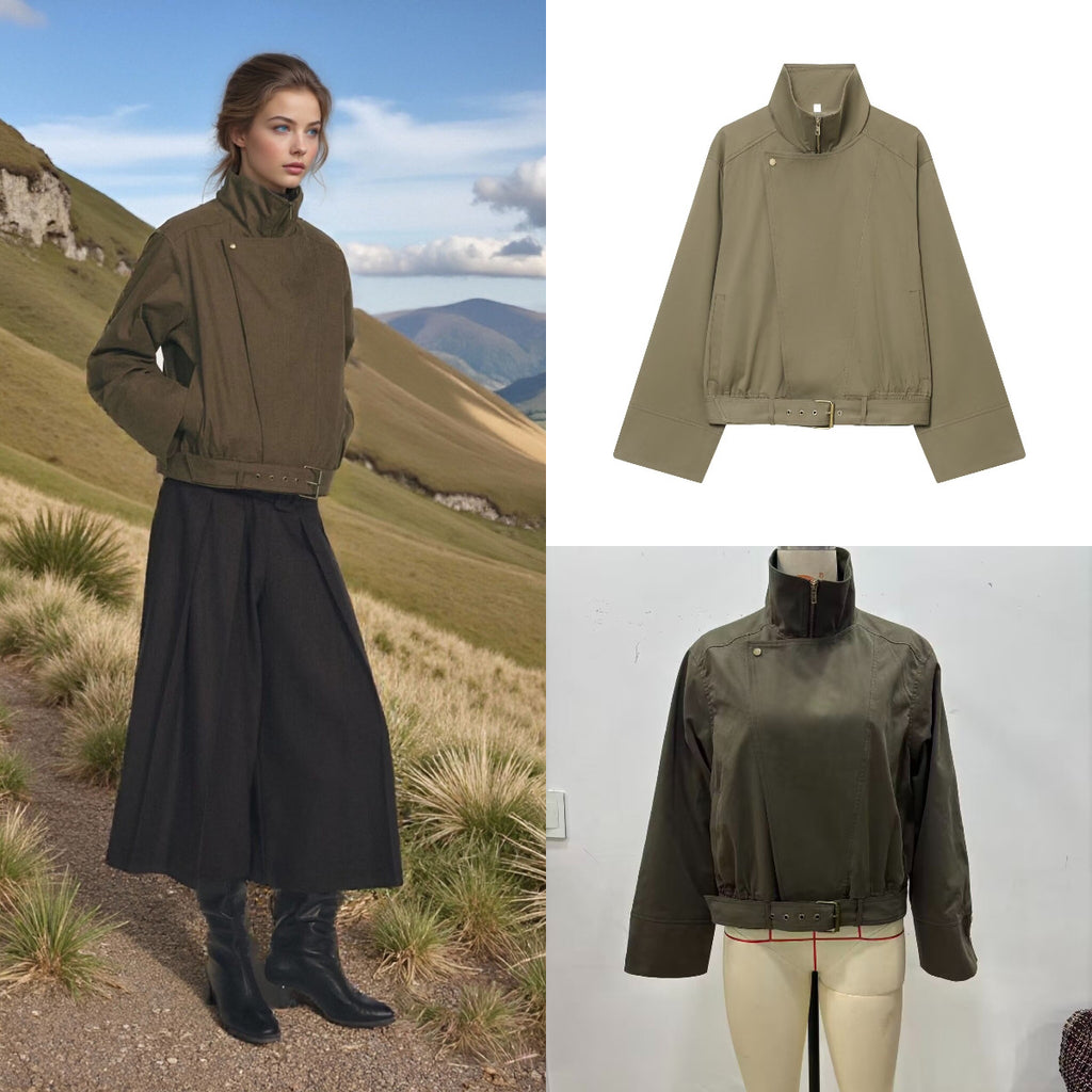 Women's short jacket with high stand-up collar, concealed zipper, and waist belt Fashion Glam