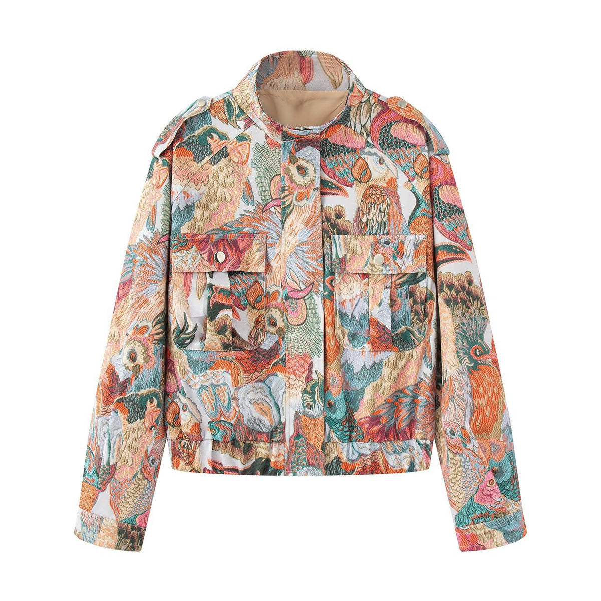 Ladies embroidered bomber jacket with bird motifs and patched pockets Fashion Glam