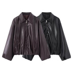 Women Oversize Faux Leather Blouson with Zipper and Elastic Hem Fashion Glam