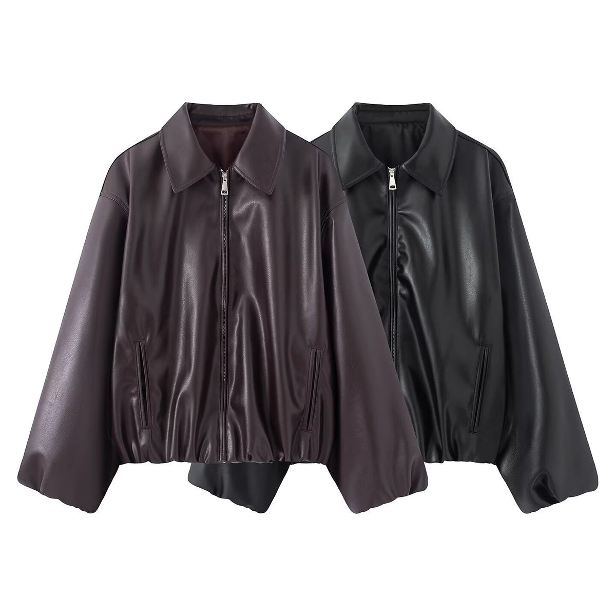 Women Oversize Faux Leather Blouson with Zipper and Elastic Hem Fashion Glam