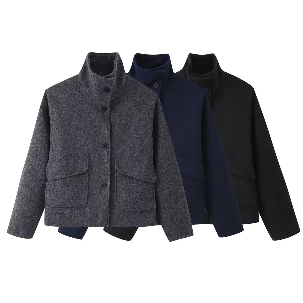 Women's Boxy Short Jacket made of Wool Blend with Stand-up Collar and Flap Pockets Fashion Glam