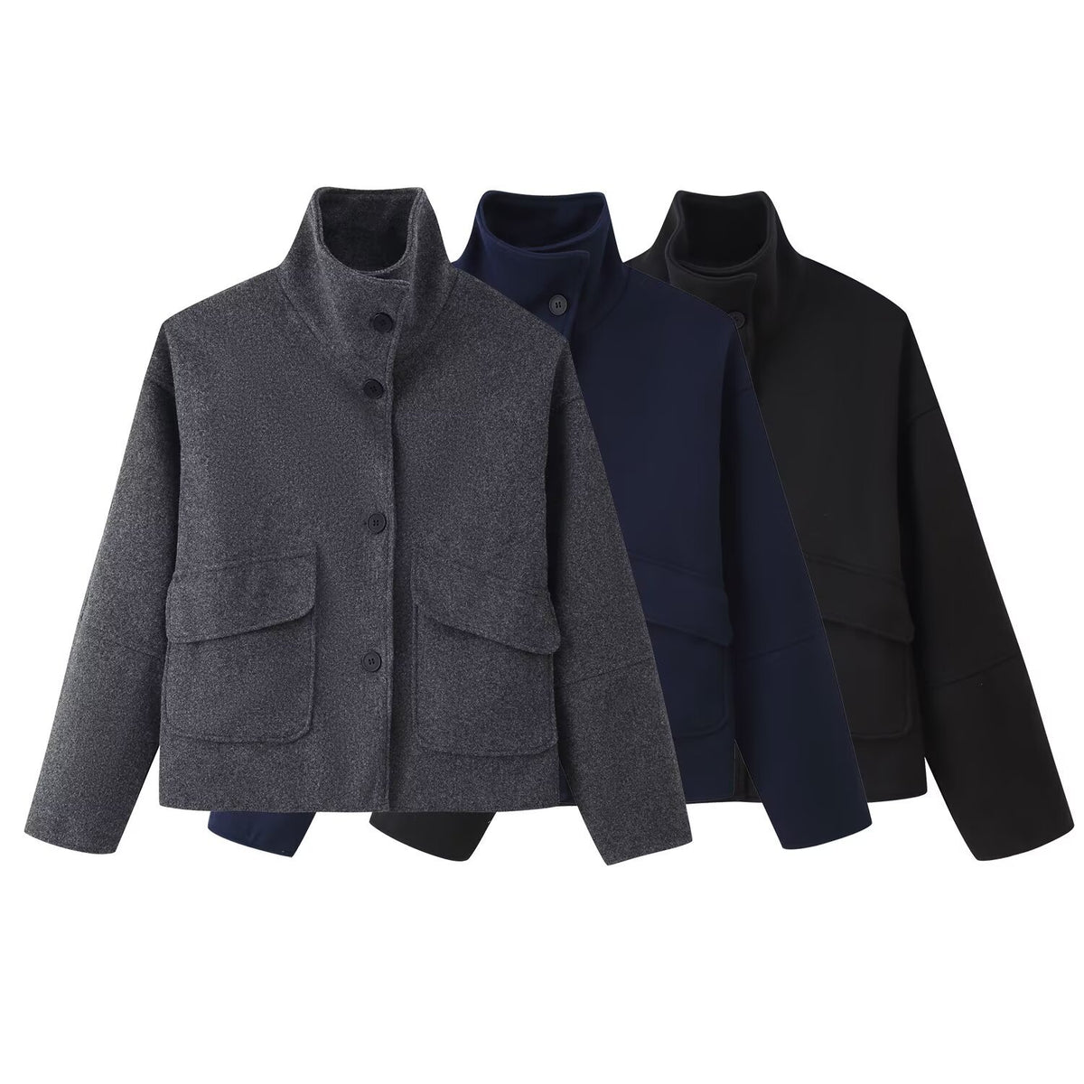 Women's Boxy Short Jacket made of Wool Blend with Stand-up Collar and Flap Pockets Fashion Glam