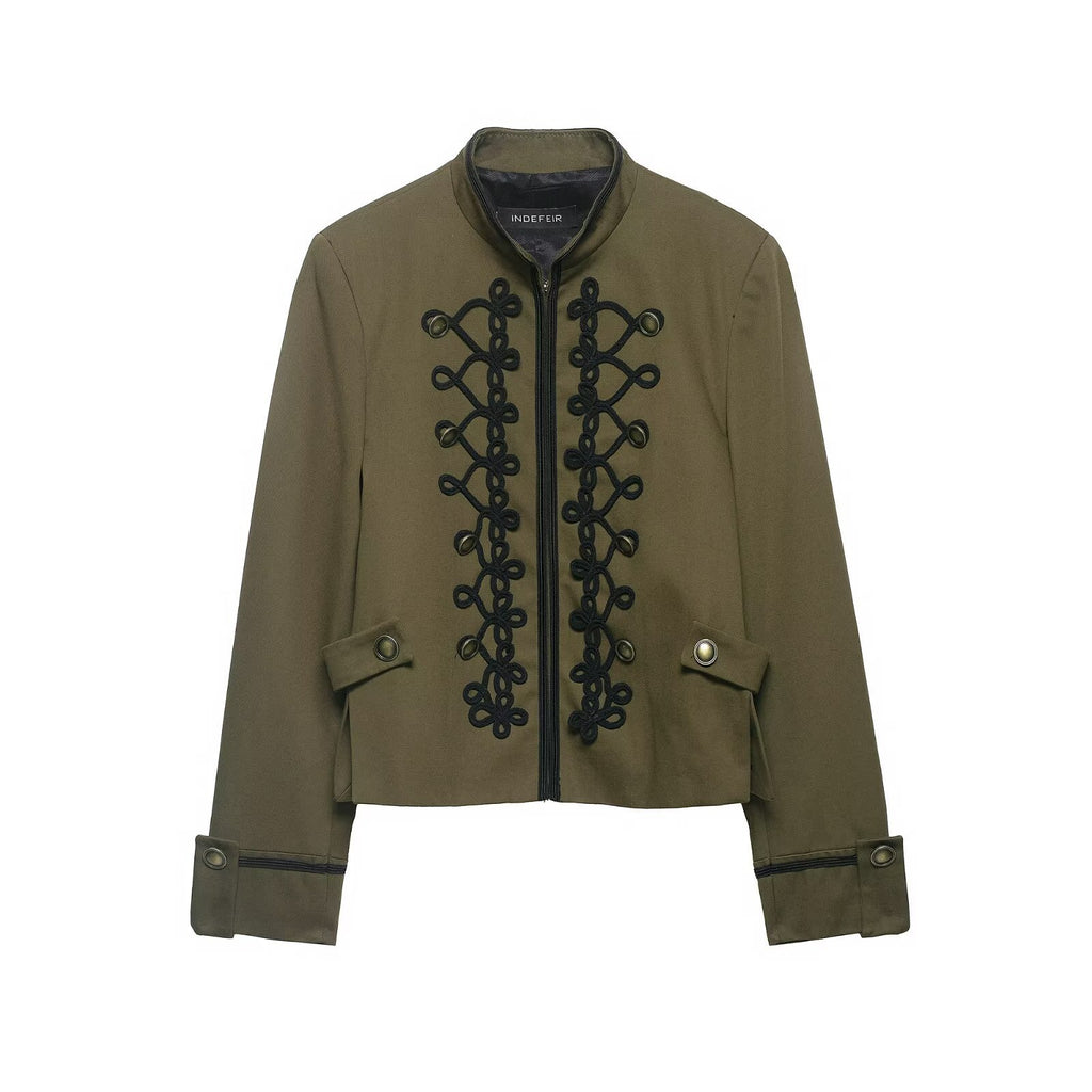 Women's Cropped Military Jacket with Standing Collar and Decorative Cord Application Fashion Glam
