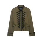 Women's Cropped Military Jacket with Standing Collar and Decorative Cord Application Fashion Glam