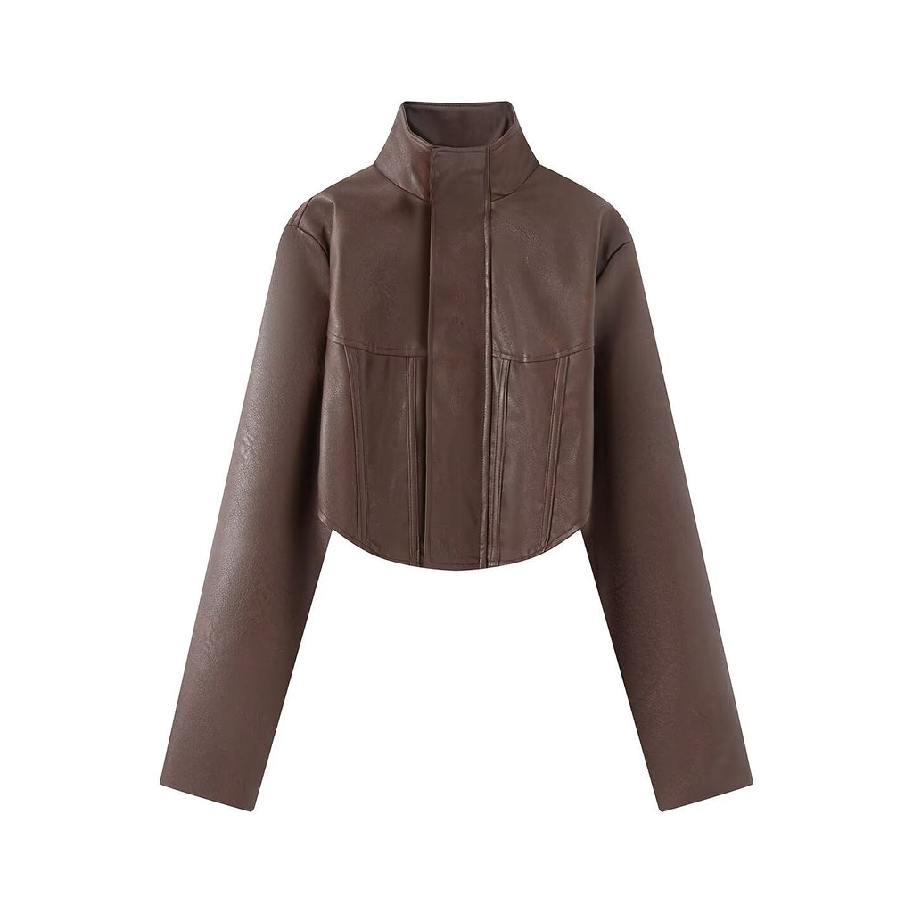 Women's Cropped Faux Leather Jacket with Stand-Up Collar and Tailored Seams Fashion Glam