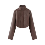 Women's Cropped Faux Leather Jacket with Stand-Up Collar and Tailored Seams Fashion Glam