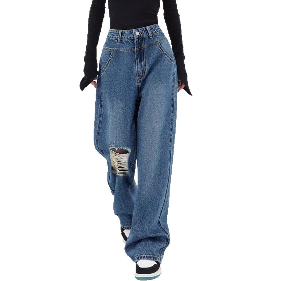 Women high-waisted oversized baggy jeans with knee rip and wide leg Fashion Glam