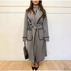 Women Tailored Wrap Coat made of Wool Blend with Decorative Wave Trim and Tied Belt Fashion Glam