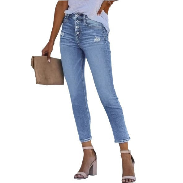 Women's High-Waisted Slim Jeans with Visible Button Placket and Ankle-Length Fit Fashion Glam