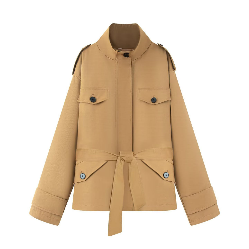 Women's Short Jacket in Utility Style with Waist Belt and Flap Pockets Fashion Glam