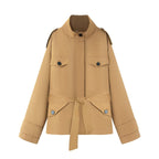 Women's Short Jacket in Utility Style with Waist Belt and Flap Pockets Fashion Glam