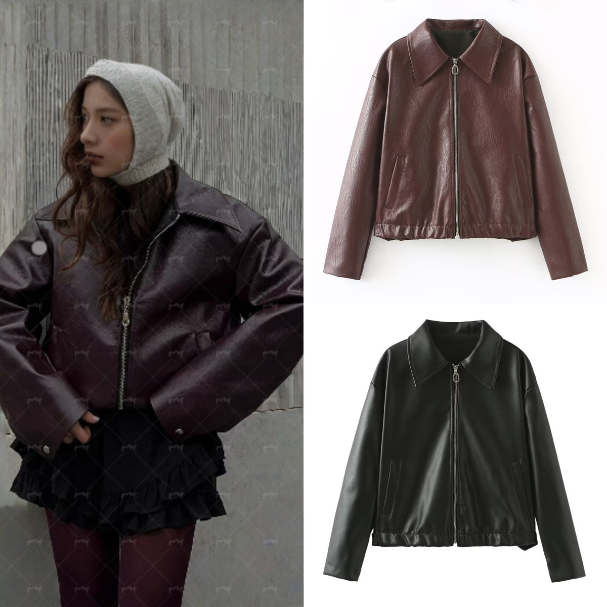 Women Short Oversized Leather Look Jacket with Zipper, Hem Band and Kent Collar Fashion Glam